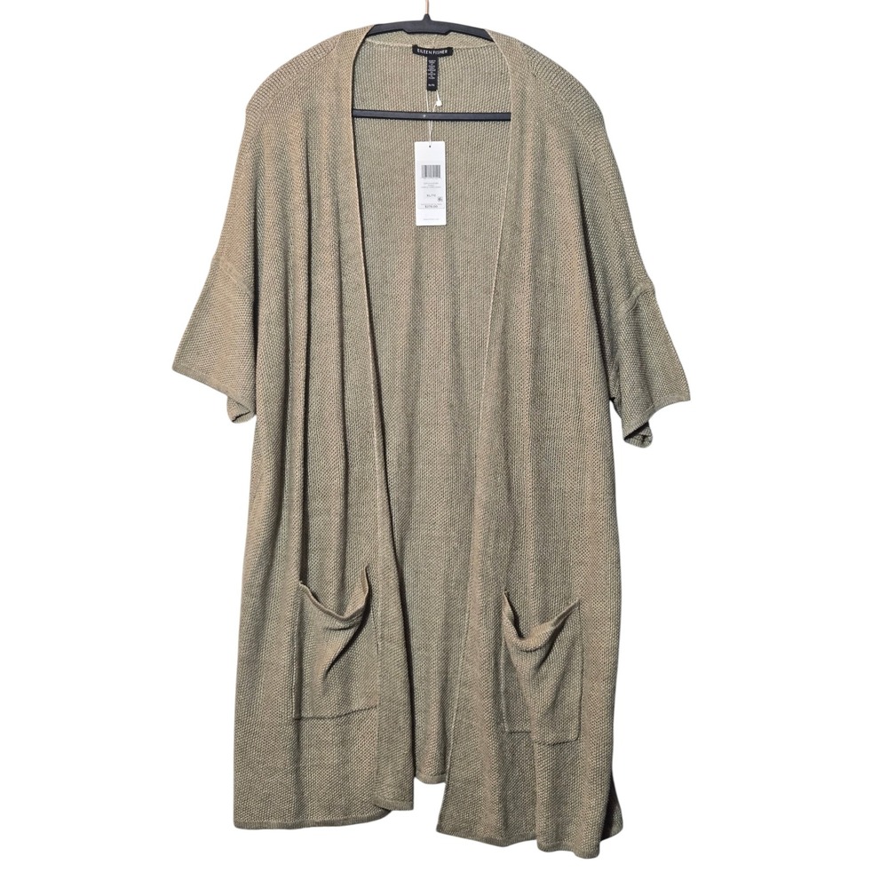 Eileen Fisher 100% Organic Linen Long Cardigan Khaki XL Minimalist Lagenlook NWT